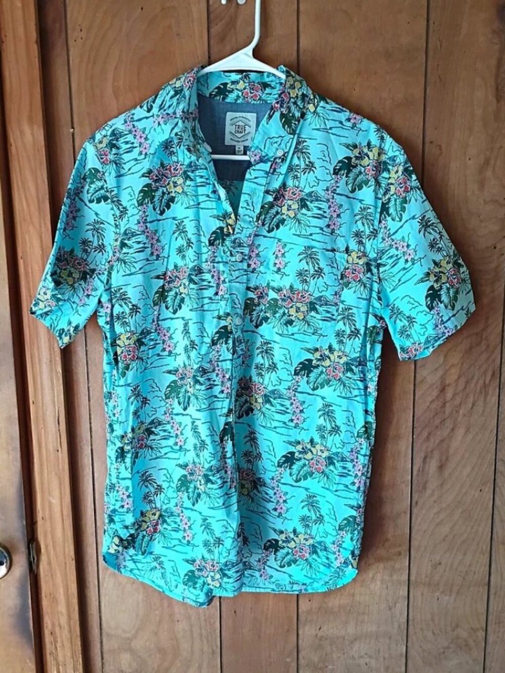 True Craft Men's Hawaiian Tropical Floral Button Up Shirt M Blue Cotton Pocket